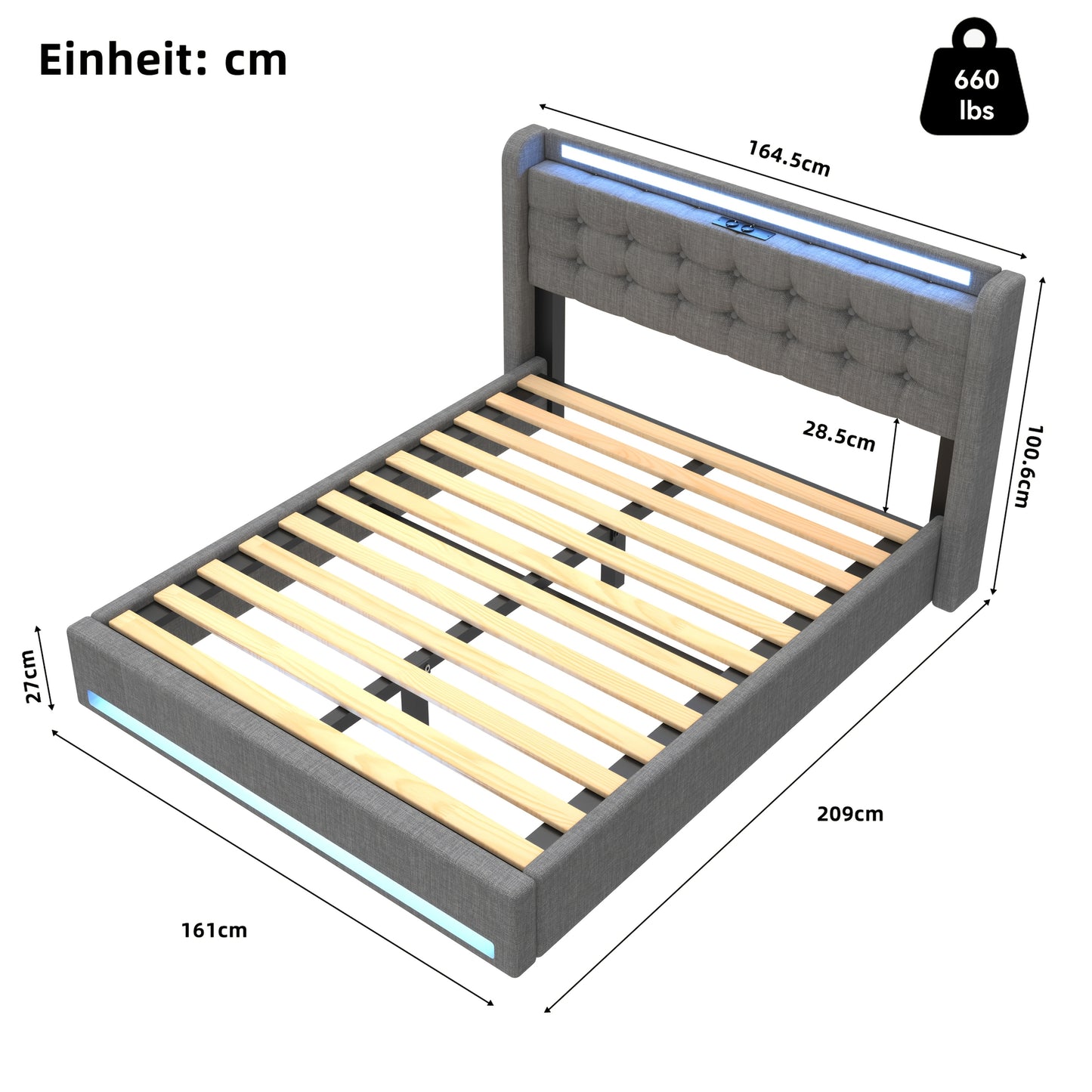 Bed – Ottomane Bed – Opbergbed – Gaslift Bed – Gestoffeerd Bed – 140x200 cm – Hydraulische Lift – Ingebouwde LED Verlichting