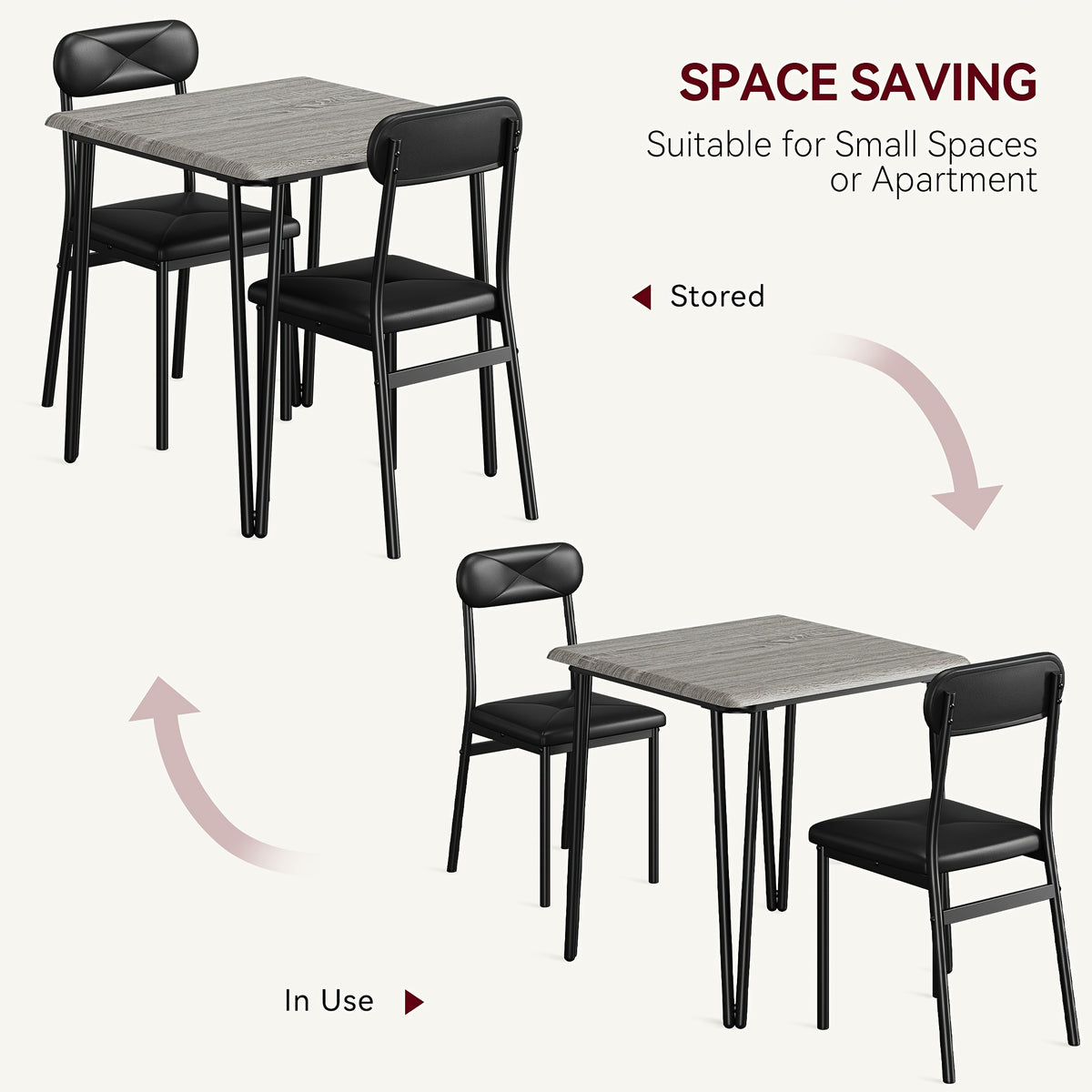 3pcs Compact Dining Table Set for 2 with Upholstered Chairs - Space-Saving Square Kitchen Table & Chairs Suitable for Small Spaces, Apartment, Studio - Modern Metal Furniture (Easy Assembly)