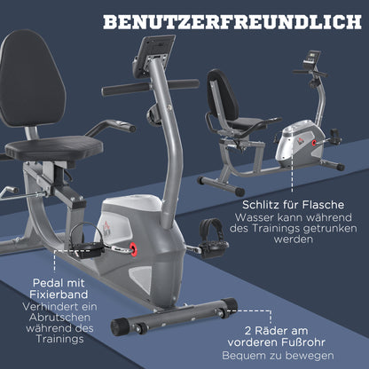 Ligfiets – Hometrainer – Fitnessfiets – Cardiotrainer – Ergometer – Verstelbare Rugleuning – 8 Weerstandsniveaus – LCD-Display – Hartslagsensor – Grijs-Silver – Draagvermogen 110 kg