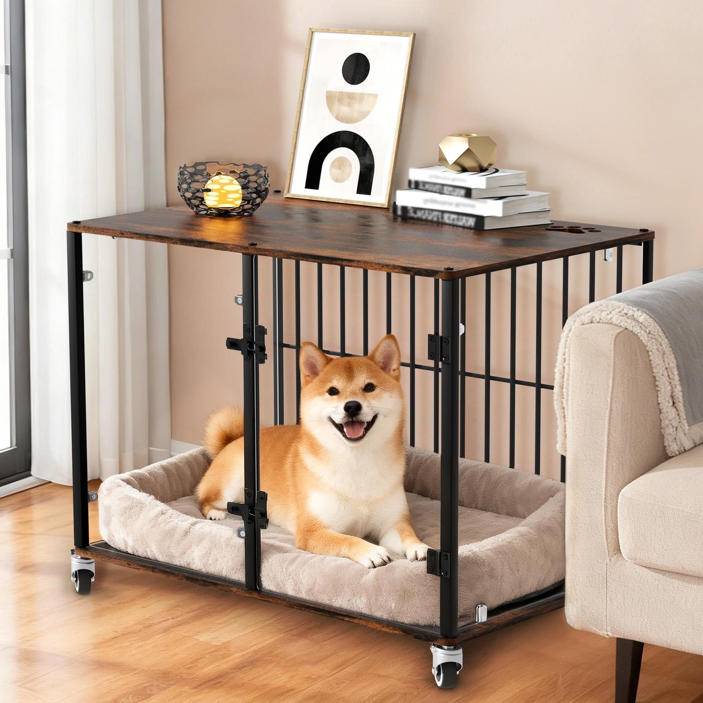 Bingopaw Dog Crate Furniture, 73cm Tempered Glass Dog Crate, Modern Indoor Dog Crate, Suitable for Small/Medium/Large Dogs Weighing No More Than 80kg, Side Table, Home Dog Crate, 77x 60 x 65cm, with 4 Brake Wheels, 360° No B