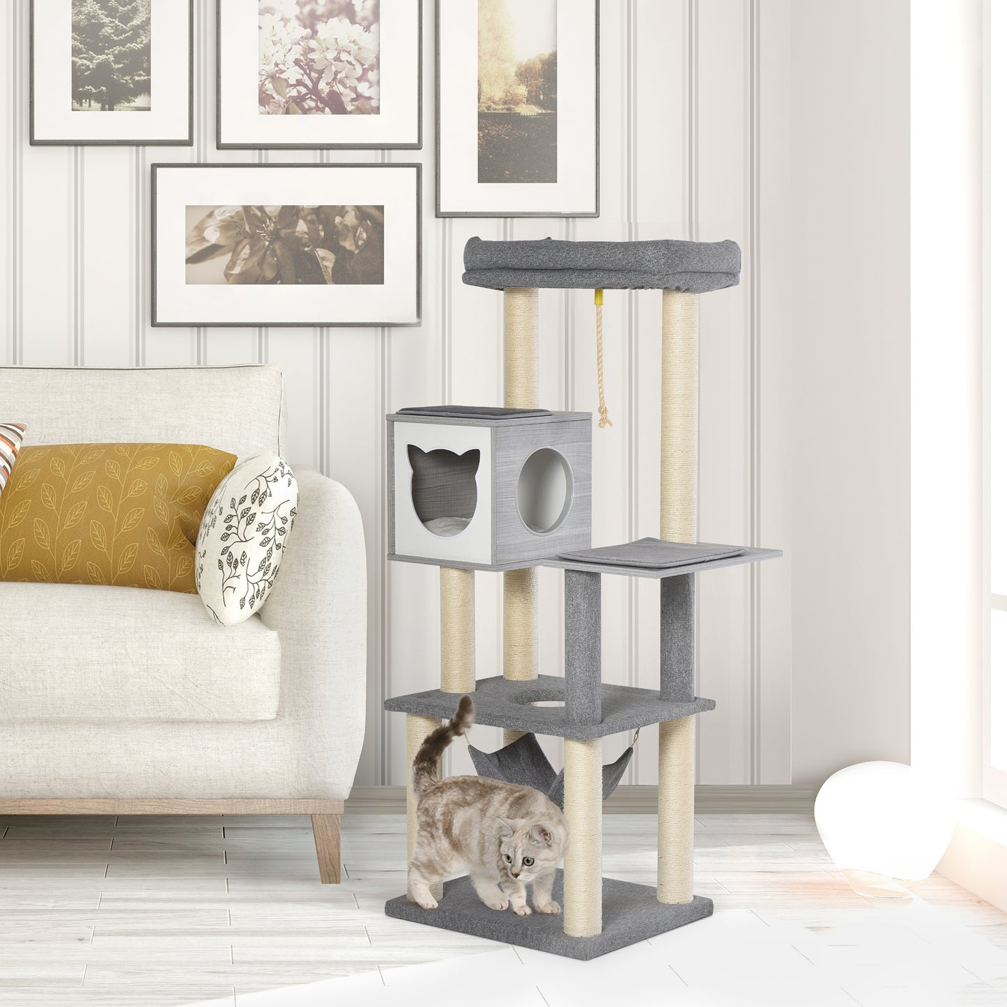 Krabpaal – Kattenboom – Krabmeubel – Kattenhuis – Kattenmand – 155 cm Hoog – Met Hangmat en Sisal Krabpalen