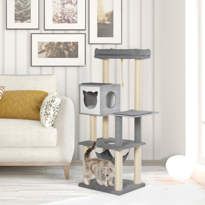 Krabpaal – Kattenboom – Krabmeubel – Kattenhuis – Kattenmand – 155 cm Hoog – Met Hangmat en Sisal Krabpalen