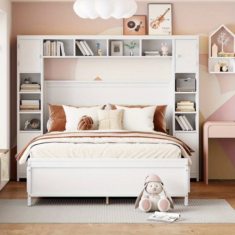 Bedframe – Tweepersoonsbed – Opbergbed – Ladebed – Slaapbank – Moderne Witte Kleur – 4 Lades & Kast – Lattenbodem 3,56x5,08 m – Ruimtebesparend Ontwerp