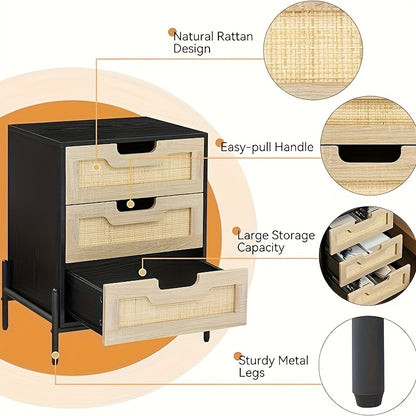 Rattan Nightstand with 3 Drawers - Natural Rattan & Hardwood Vintage Bedside Table, Black Finish, 3.2 Cu Ft Storage, Compact Under 68.58cm Height for Bedroom & Living Room, Easy Assembly
