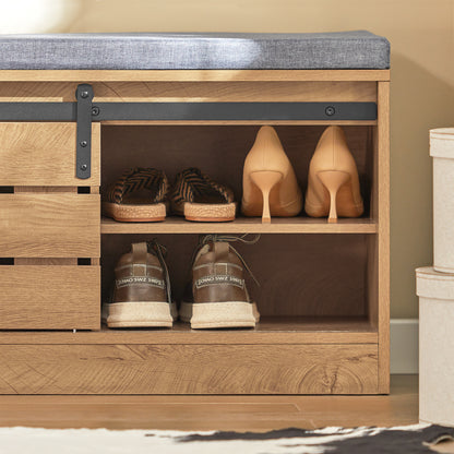 Schoenenrek – Schoenenkast – Schoenenhouder – Schoenenopberger – Schoenenbank – Schuifdeuren – Bamboe Materiaal – Zitkussen – Vintage Design – 80x35x48 cm