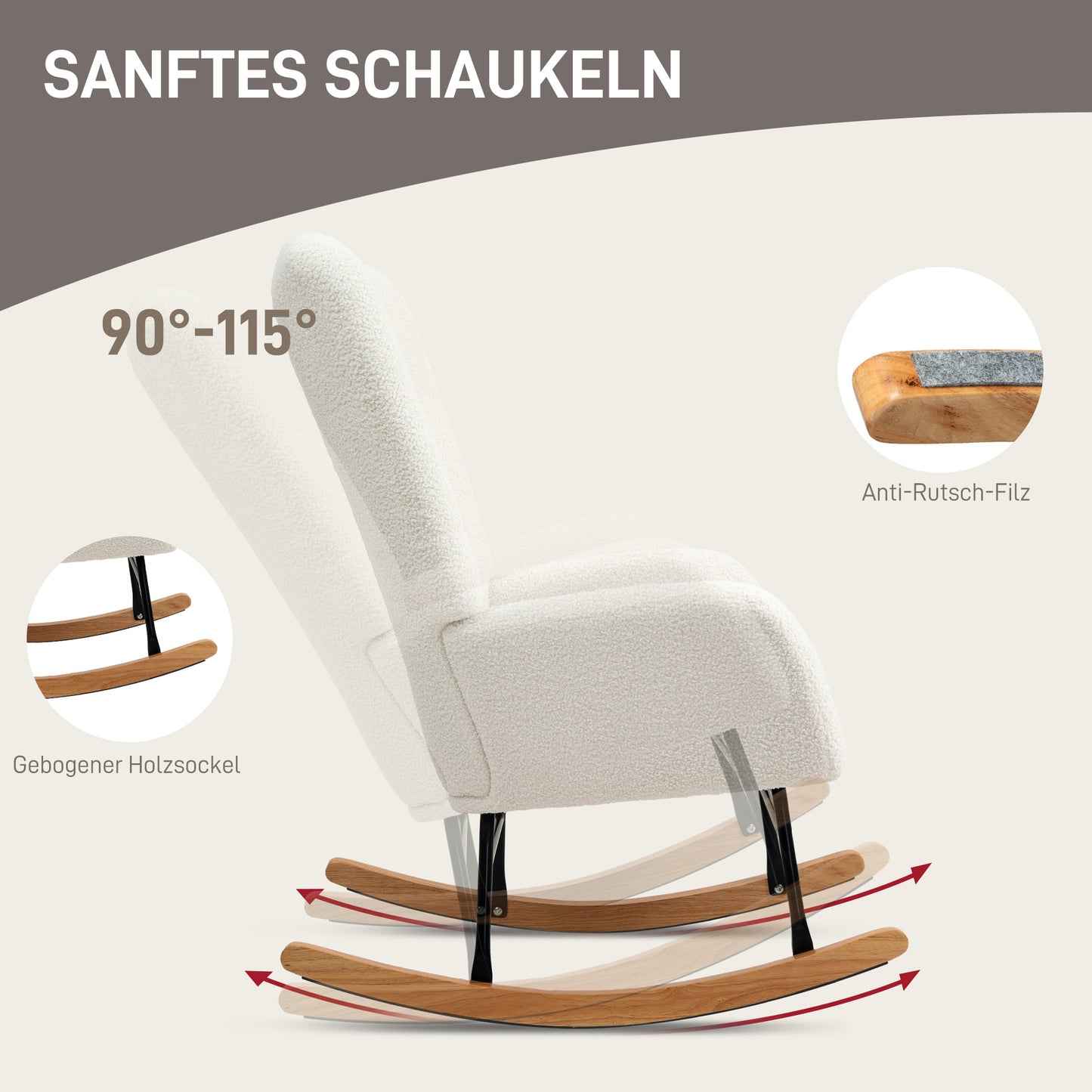 Schommelstoel – Schommelstoel Met Bekleding – Relaxstoel – Wiegstoel – Loungestoel – Crème Wit – Dikke Comfortabele Vulling – Inclusief Lendenkussen