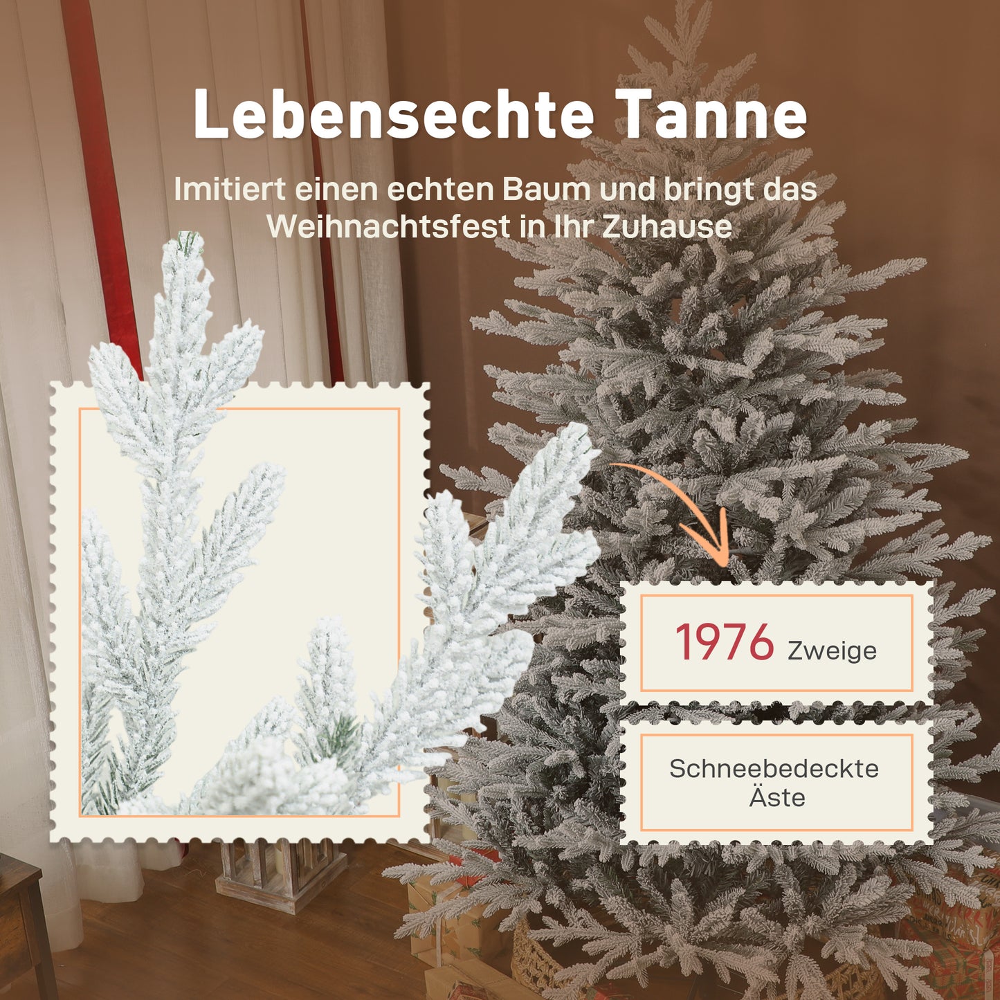 Artificial Christmas Tree 180 cm, Faux Pine Tree with Snow, 1976 Tips for Indoor Use
