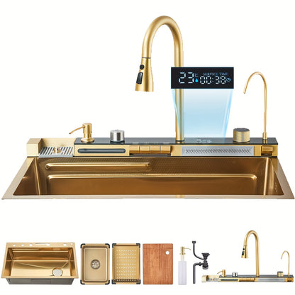 Keukenkraan – Keukenmengkraan – Uittrekbare Kraan – Mengkraan – Watervalkraan – RVS Materiaal – Brushed Golden Afwerking