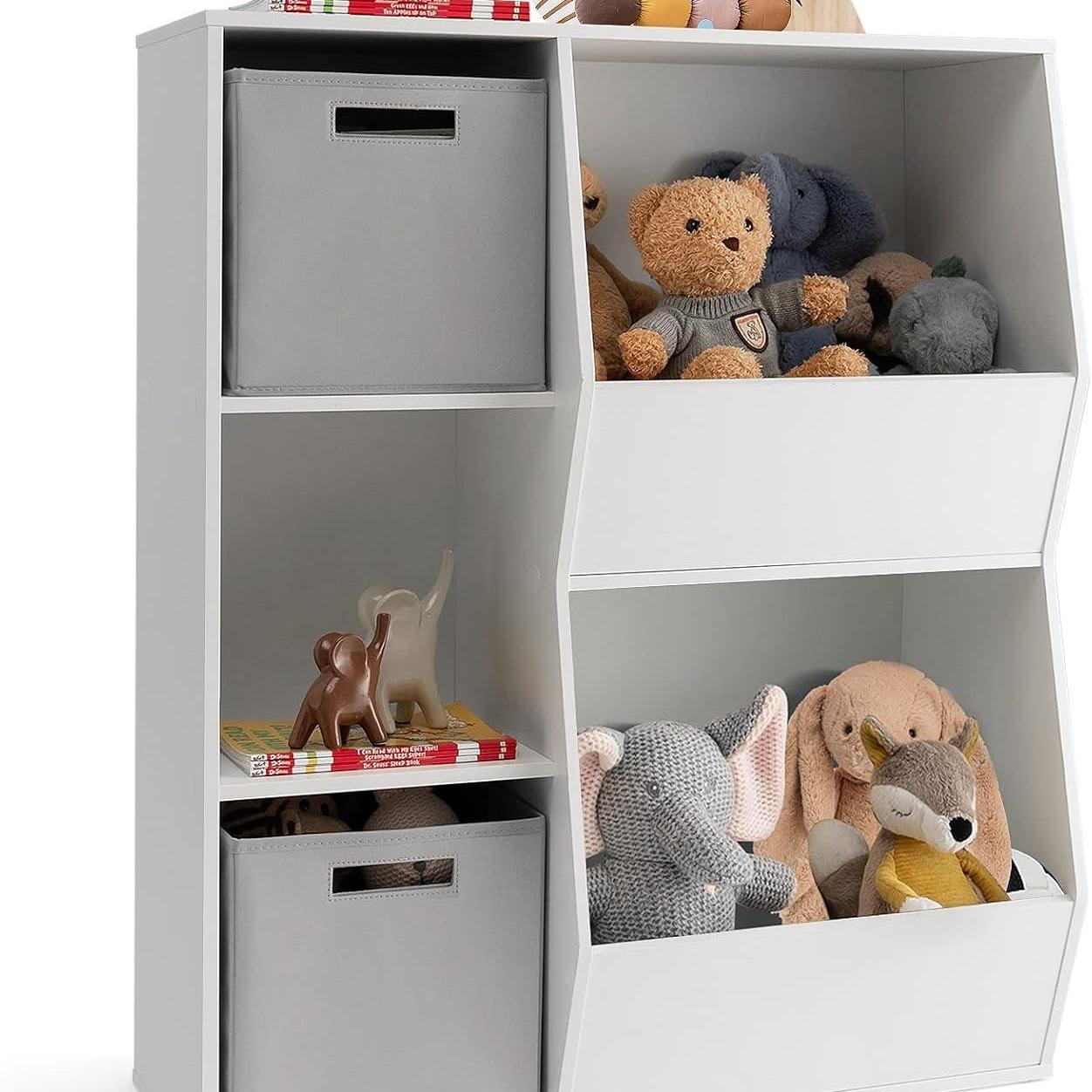 Opbergkast Kind – Speelgoedkast – Boekenkast – Kindermeubel – Opbergrek – 5 Vakken – 2 Stoffen Binten – Wit Hout – Compact & Stevig Design – Kindvriendelijk