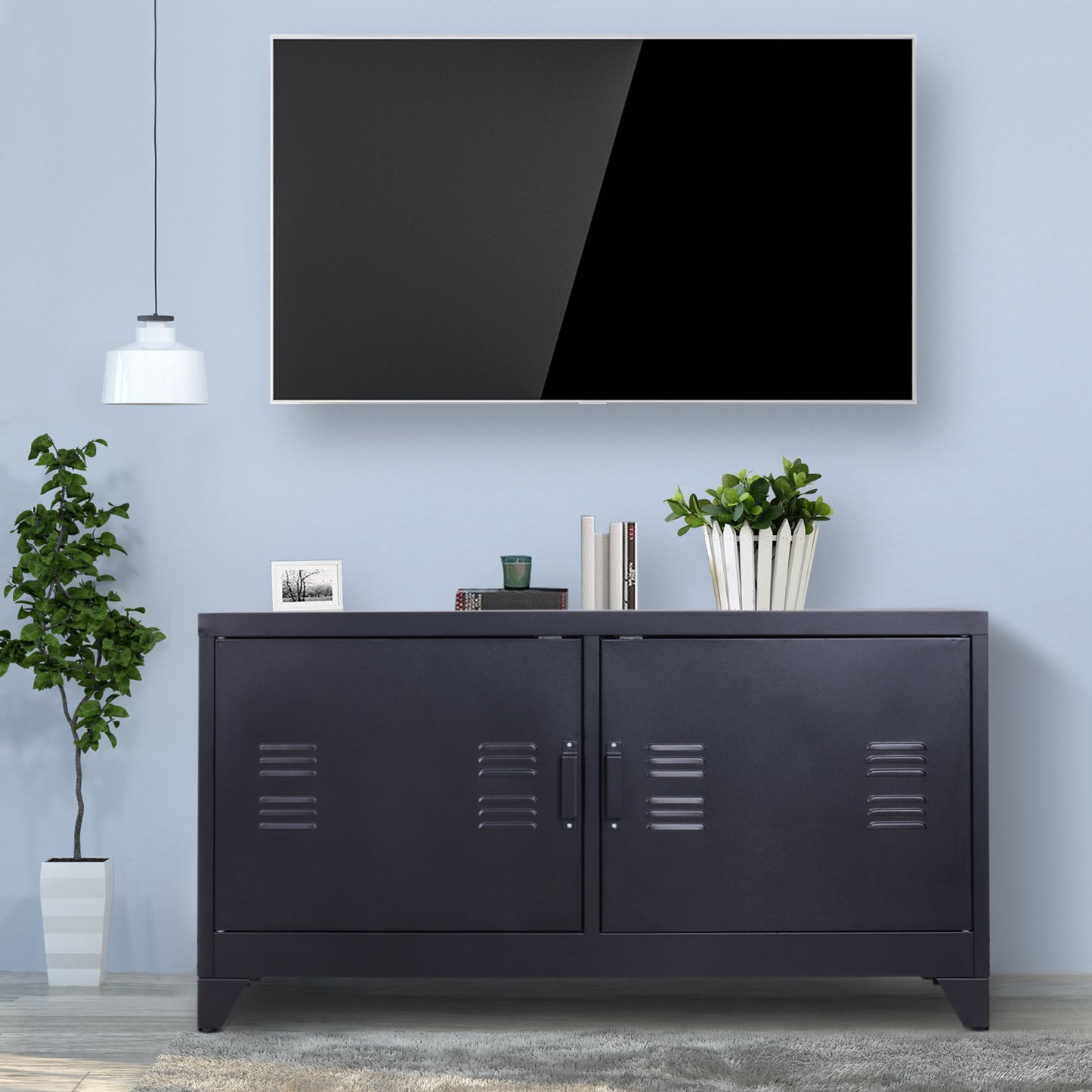 Industriële TV-kast – TV-meubel – TV-standaard – Tv-benk – Tv-dressoir – Zwart gepoedercoat staal – 2 kasten met verstelbare planken – Kabelbeheer en ventilatieroosters – 119 x 40 x 63,5 cm