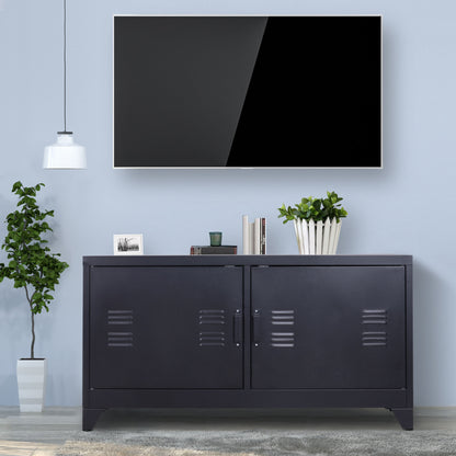 Industriële TV-kast – TV-meubel – TV-standaard – Tv-benk – Tv-dressoir – Zwart gepoedercoat staal – 2 kasten met verstelbare planken – Kabelbeheer en ventilatieroosters – 119 x 40 x 63,5 cm