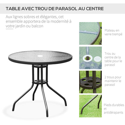 Tuinset – Bistro Set – Loungeset – Tuinmeubel – Balkonset – Zwart – 6-Delig Met Parasol – Epoxy Staal En Textilene – Geharde Glazen Tafelblad
