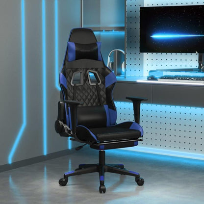 Gaming chair with footrest, black and blue faux leather for gaming PC