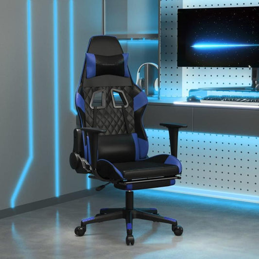 Gaming chair with footrest, black and blue faux leather for gaming PC
