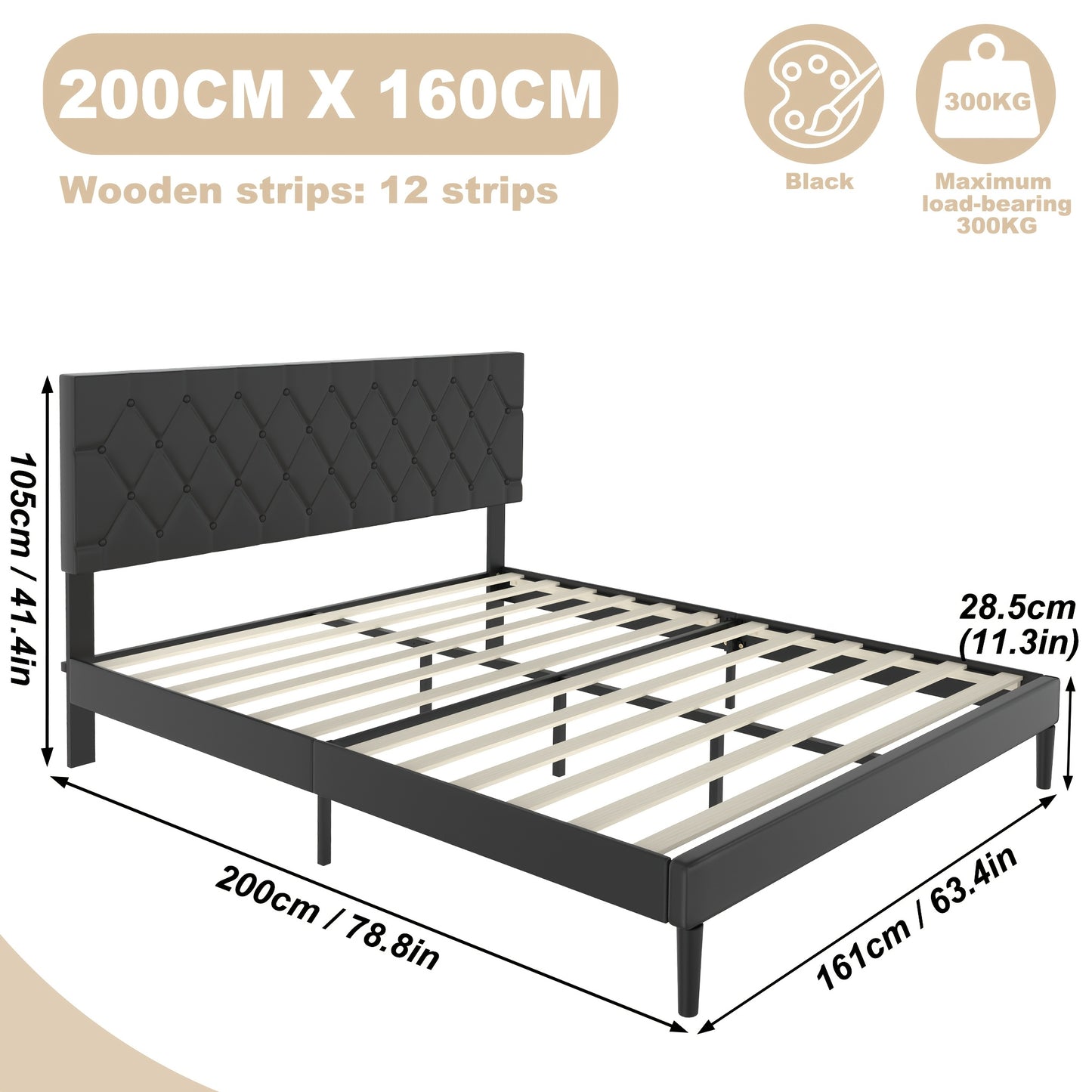 90/140/160 x 200cm Bed Black Upholstered Bed Faux Leather Platform Bed Frame Frame with Faux Leather Headboard Double Bed Bedroom Bed