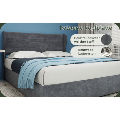 Bed – Ledikant – Slaapbank – Boxspring – Bedframe – Grijs Fluwelen Hoofdbord – Opbergruimte Met Gaslift – 160x200 cm – Modern Minimalistisch – Geen Montage Nodig
