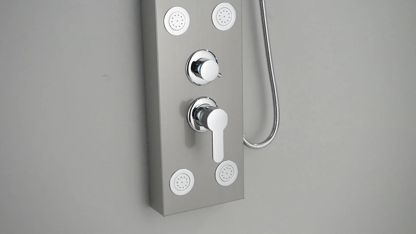 Brushed Nickel Shower Panel Tower System, 5-Function Shower Faucet SetRainfall Shower Head with Massage Jets Tub Spout Shower Shelves, Stainless Steel, Wall Mount
