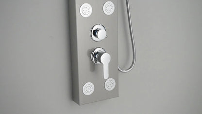 Brushed Nickel Shower Panel Tower System, 5-Function Shower Faucet SetRainfall Shower Head with Massage Jets Tub Spout Shower Shelves, Stainless Steel, Wall Mount