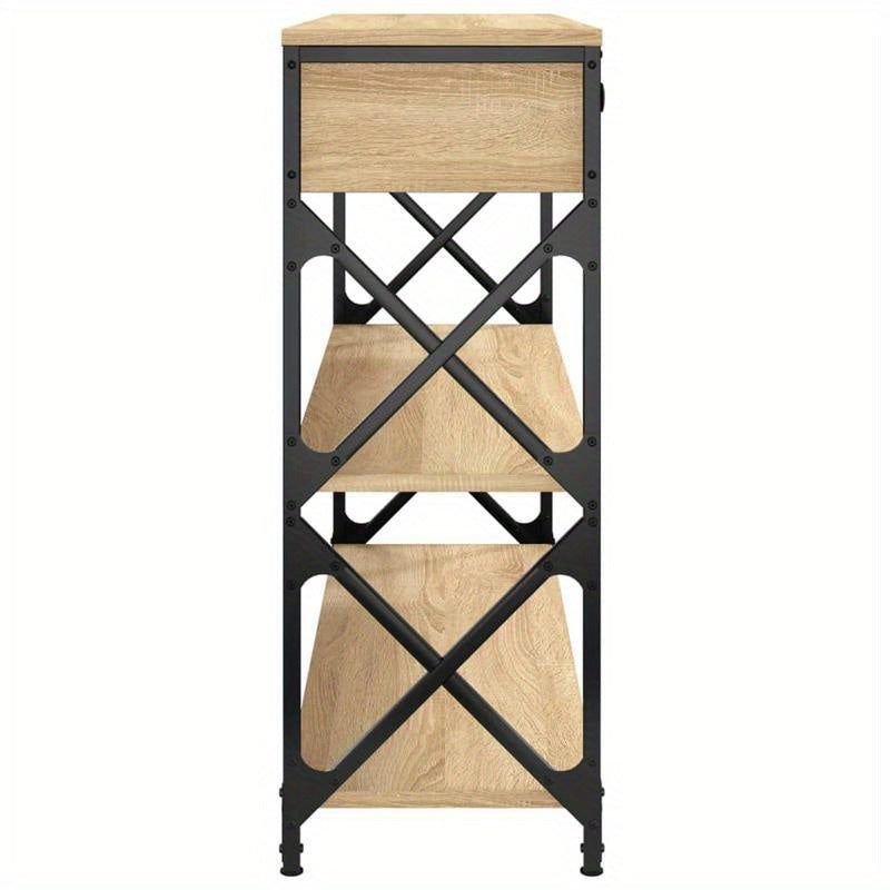Sidetable – Wandtafel – Opbergmeubel – Halmeubel – Wandtafel Sonoma Eiken Bruin – 3 Lagen – Stijlvolle Zwarte Metaal Frame