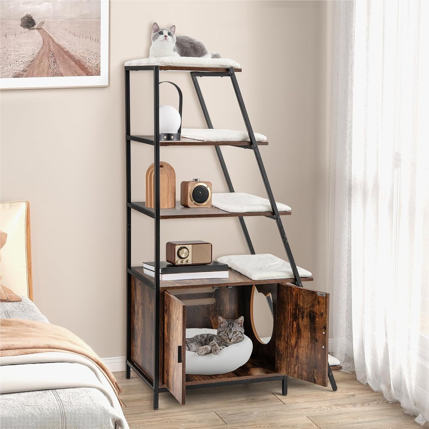 Kattenhuis – Kattenmeubel – Kattenkast – Kattenbakkast – Krabmeubel – Met Opbergruimte en Afneembare Wasbare Matten – Ventilatie en Anti-Kantel Veiligheid – Bruin