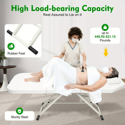 Massagetafel – Behandeltafel – Behandelbank – Schoonheidstafel – Massagebed – Verstelbaar in Hoogte – Roestvrij Staal – 3-voudig Inklapbaar – Wit