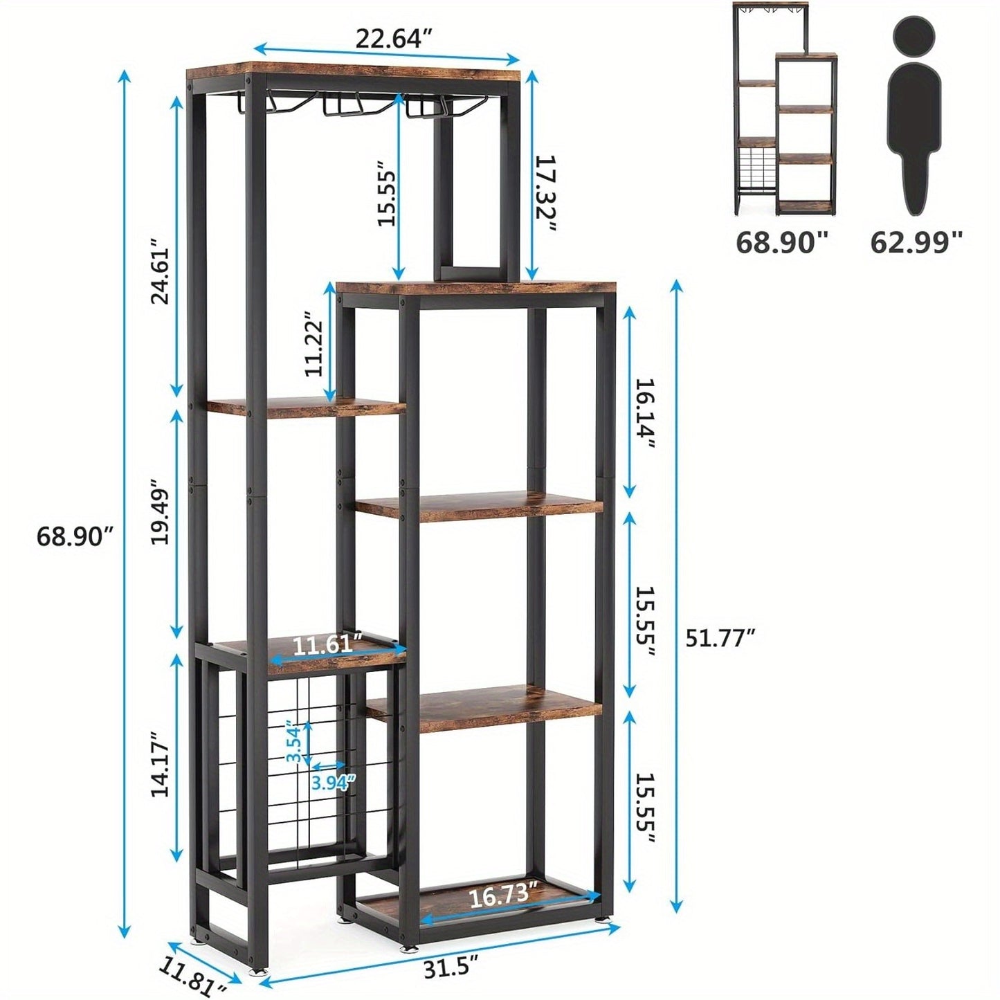 Wijnrek Vrijstaand – Wijnrek Vloerstaand – Wijnrek Industrieel – Wijnrek 5-Laags – Wijnrek Met Glashouder – Ruimte Voor 12 Flessen – Robuust Houten Met Zwart Metalen Frame