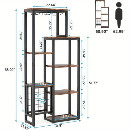 Wijnrek Vrijstaand – Wijnrek Vloerstaand – Wijnrek Industrieel – Wijnrek 5-Laags – Wijnrek Met Glashouder – Ruimte Voor 12 Flessen – Robuust Houten Met Zwart Metalen Frame