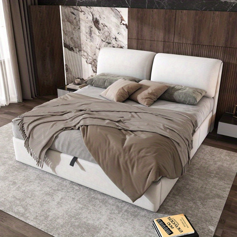 Opbergbed – Opbergbedframe – Hydraulisch Bed – Gestoffeerd Bed – Tweepersoonsbed – 180x200 cm – Beige Fluweel – Met Hoofdeinde & 3 Metalen Lades – Lattenbodem Zonder Matras