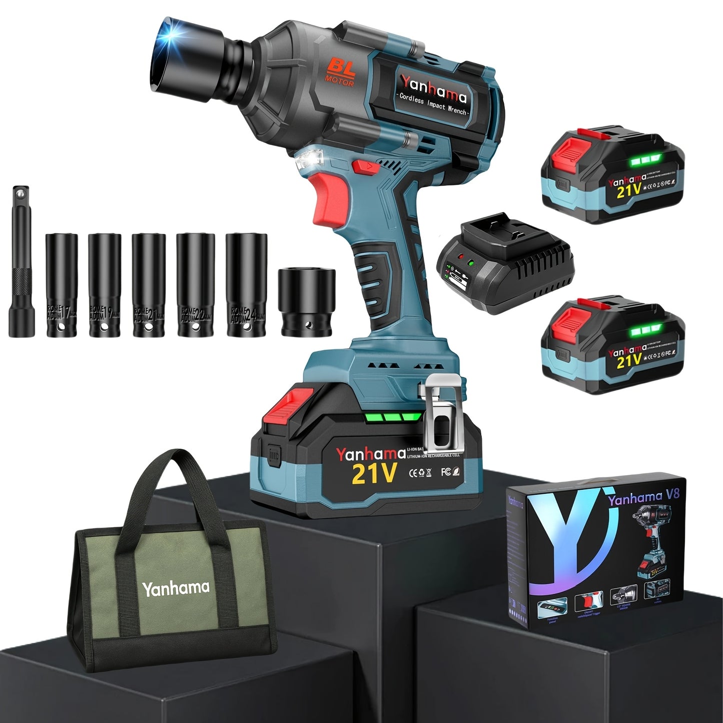 Accu Slagmoersleutel – Draadloze Slagmoersleutel – Impact Wrench – Power Wrench – Accu Momentsleutel – 1400 Nm Koppel – 2x 21V 4000mAh Batterijen – LED Verlichting – 3 Snelheidsstanden – Blauw