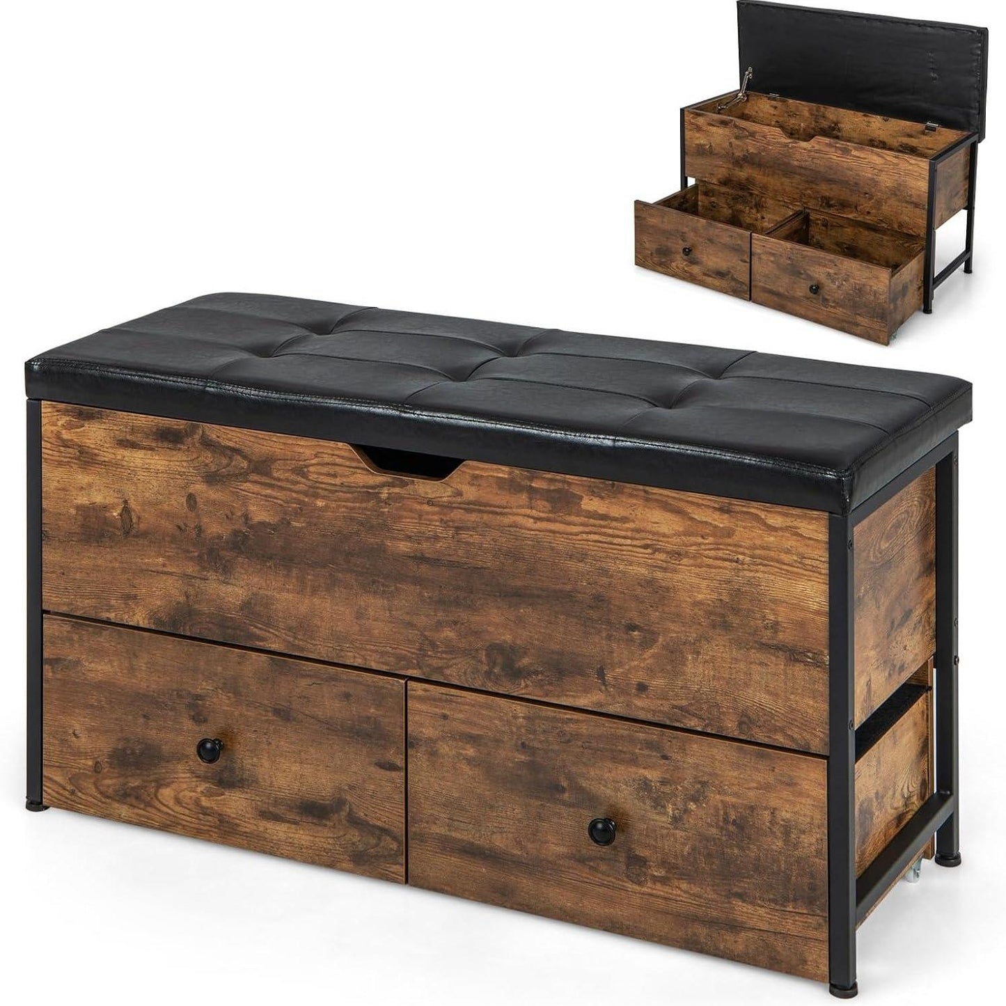 Schoenbank – Opbergbank – Zitbank – Schoenrek – Schoenkast – Vintage Bruin – 2 Lades & Opbergruimte – 150 Kg Draagvermogen