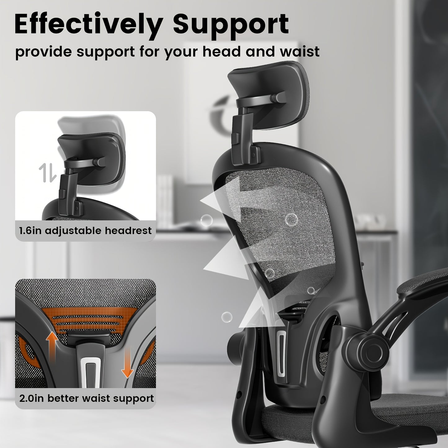Ergonomic Office Chair With Adjustable Lumbar Support & Breathable Mesh Back - Certified For Home/Office Use [ Comfort & Flip-Up Arms]