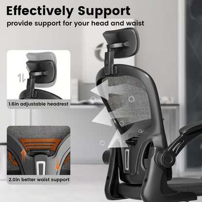 Ergonomic Office Chair With Adjustable Lumbar Support & Breathable Mesh Back - Certified For Home/Office Use [ Comfort & Flip-Up Arms]