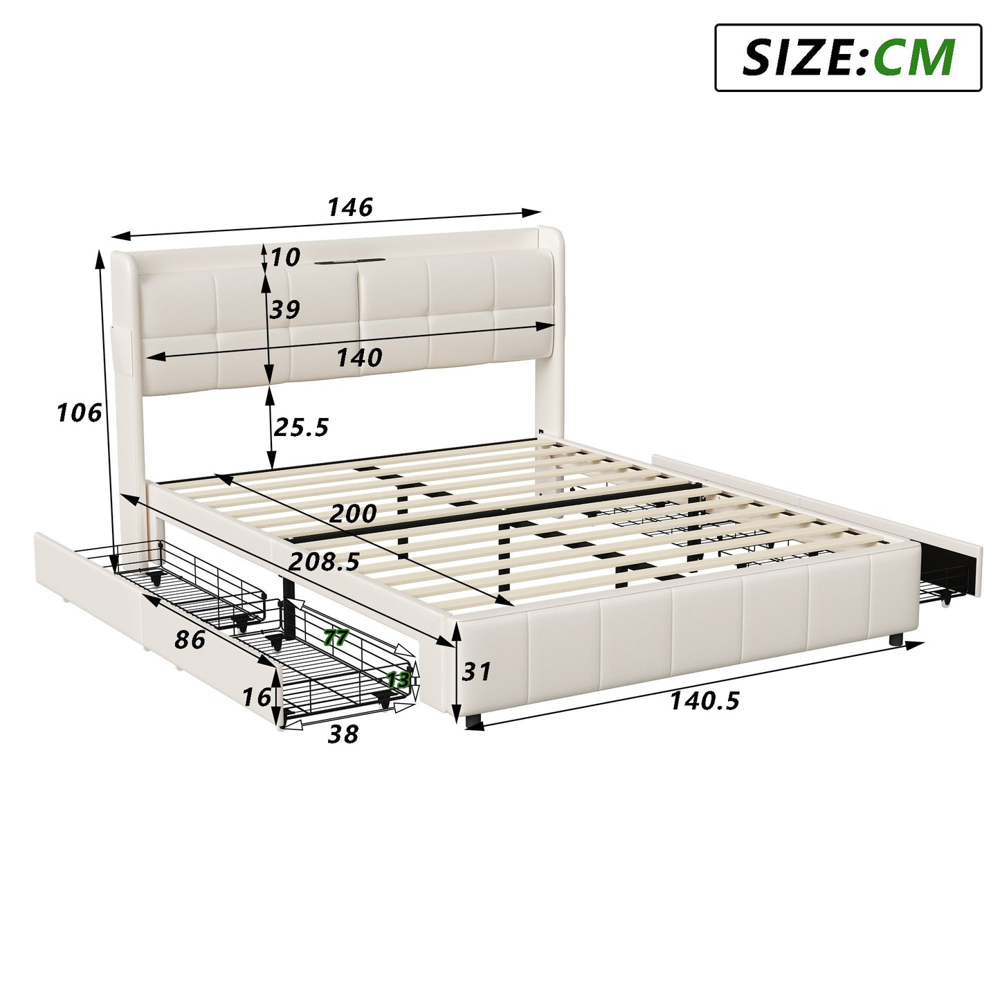 Bed 140x200 cm – Tweepersoonsbed – Opbergbed – Boxspringbed – Slaapbed – Beige Velvet Bekleding – 4 Opbergladen – Stevig MDF Frame – Gewichtscapaciteit 300 kg