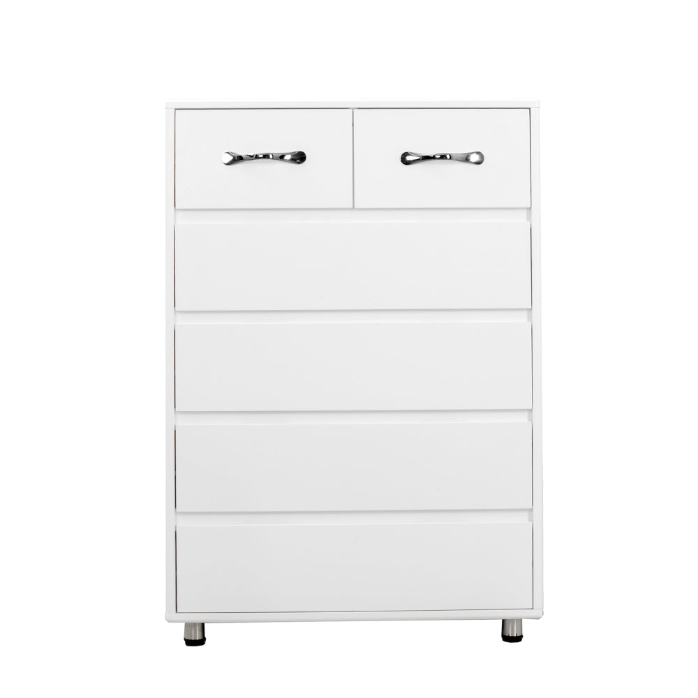 6-Drawer White Modern Minimalist Side Table with Black-Tipped Latches - Heavy-Duty Non-Wood, Easy Assembly, Compact Multi-Drawer Organizer for Bedroom,, Office - Durable White Furniture