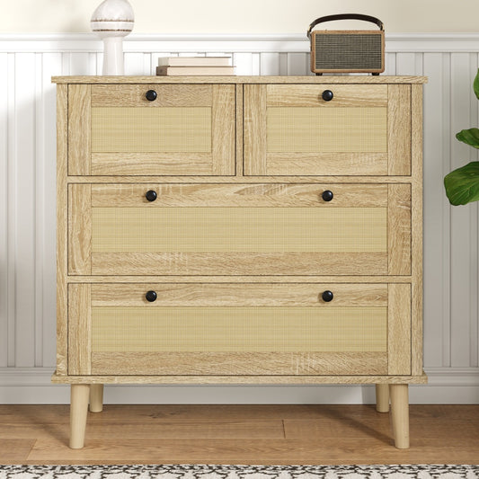 Opbergkast – Dressoir – Sideboard – Ladenkast – Buffetkast – Rieten Lades – Houten Poten – Natuurlijk Beige – Vrijstaand – Stevig