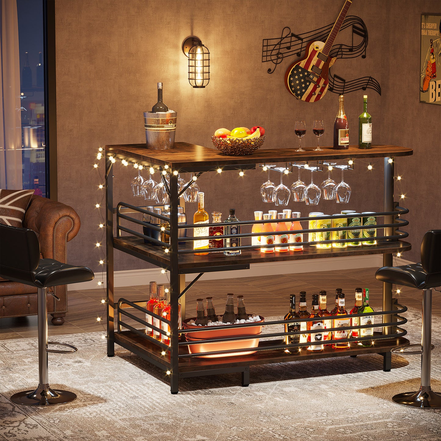 Barmeubel – Bartafel – Barkast – Drankkast – Wijnkast – Industrieel Design – L-vormig – 3 Schappen Met Wijnrek En Glazenhouder – Rustiek Bruin – 120x90x110 cm