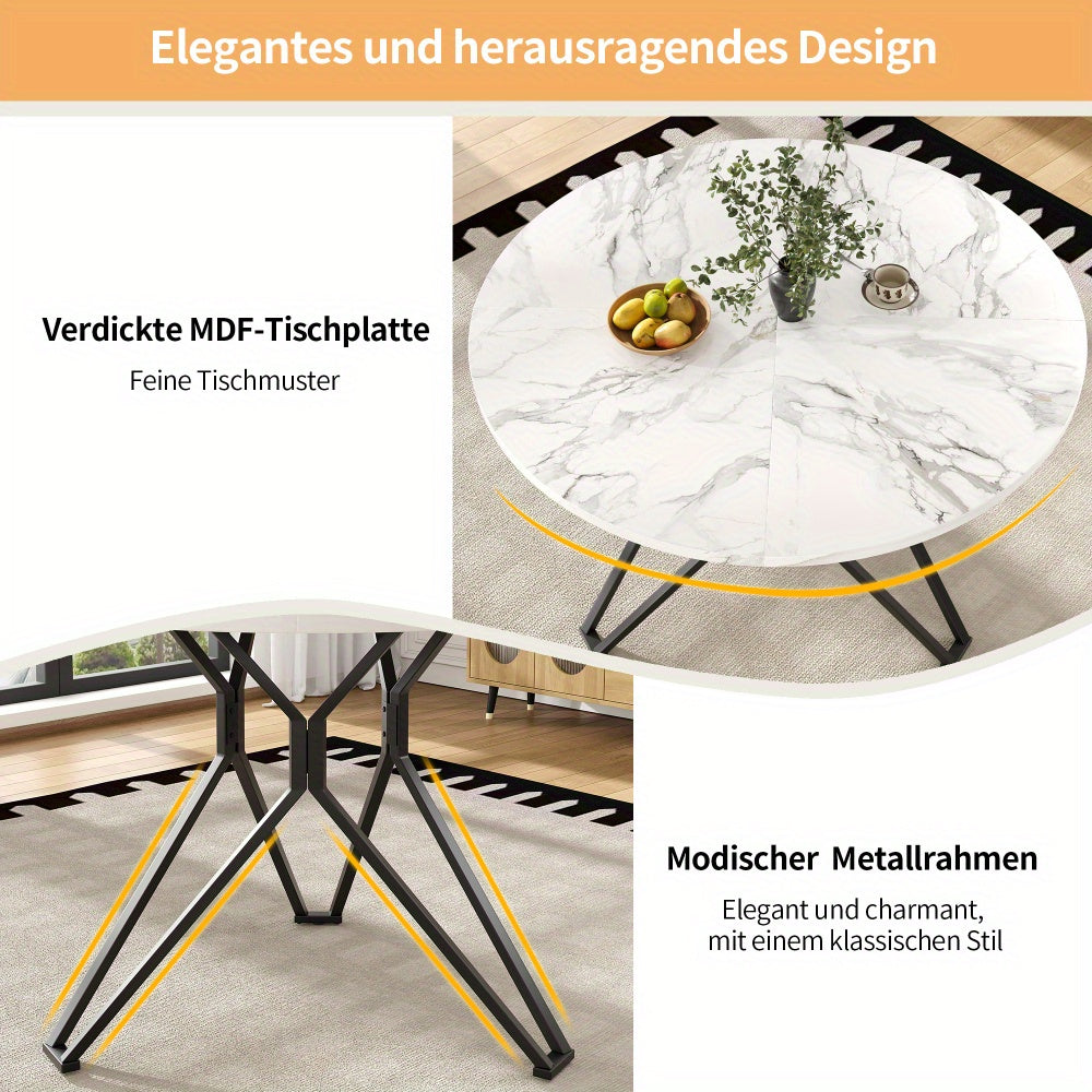 Rond Eettafel – Ronde Tafel – Keukentafel – Eetkamertafel – Compacte Eettafel – MDF Blad Met Marmerlook – Metalen Poot Zwart/Wit – 100x100x76 cm – Voor 4 Personen