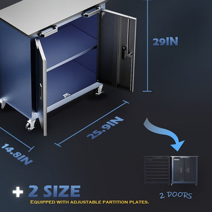 Combination Tool Cabinet, Stainless Steel Countertop, 7-Drawer Toolbox And Double Door Tool Cabinet, Connected for Use, Locking System Tool Storage Cabinet with Wheels And Padded Feet, for Garage