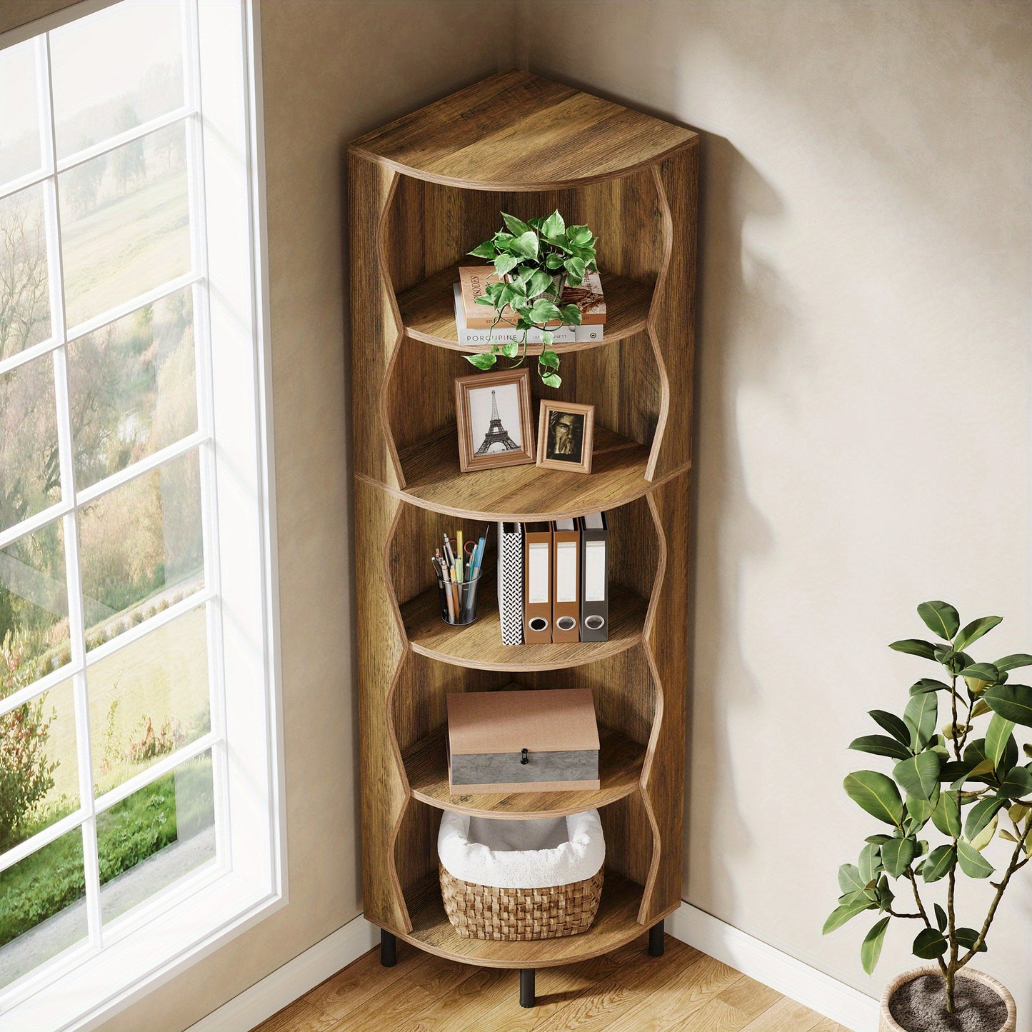 Hoekrek – Hoekkast – Boekenkast – Opbergrek – Vakkenkast – 71,5 Inch Hoog – Robuust Houten 5-Lagen Plank