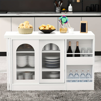 Draaibare Bartafel – Barmeubel – Eettafel – Opbergkast – Keukentafel – 360° Draaibaar – Uitschuifbaar Blad – Wit – Metalen Frame – Glazen Deuren