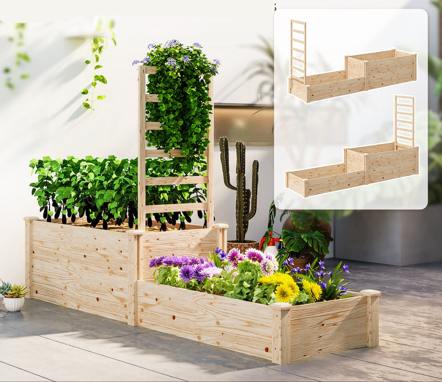 Tuinbak – Plantenbak – Bloembak – Plantenbak Hout – Verhoogde Plantenbak – Natuurlijk Hout – Met Trellis – 222 x 63 x 132 cm – Open Bodem voor Optimale Drainage
