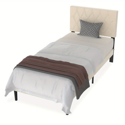 Bedframe – Bed – Tweepersoonsbed – Gestoffeerd bed – Ledikant – Beige Kunstleren Bekleding – 140x200 cm – Stevig MDF Metalen Frame – Max. Draagkracht 300 kg