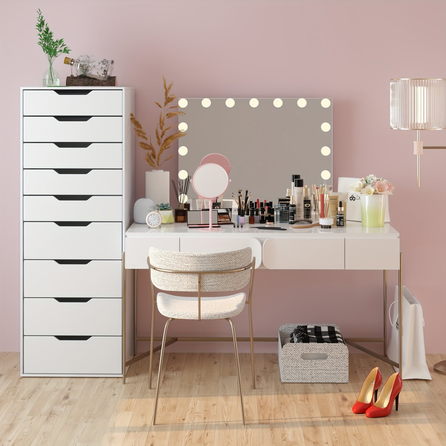 Witte Ladekast – Kommode – Dressoir – Opbergkast – Bureaukast – 6 Ruime Lades – Gouden Handgrepen – Duurzaam Massief Hout – 3.2 Cu Ft Opbergruimte