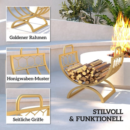 Houthouder – Houtrek – Haardhoutopslag – Houtmand – Houtkorf – Gouden Kleur – 46x36x41 cm – Metalen Poedercoating