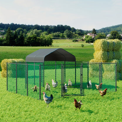 Kippenren – Kippenhok – Pluimveeschuur – Hennenren – Buitenren – 393 x 312 x 156 cm – Gegalvaniseerd Metaal – UV-Bestendige Waterdichte Afdekking