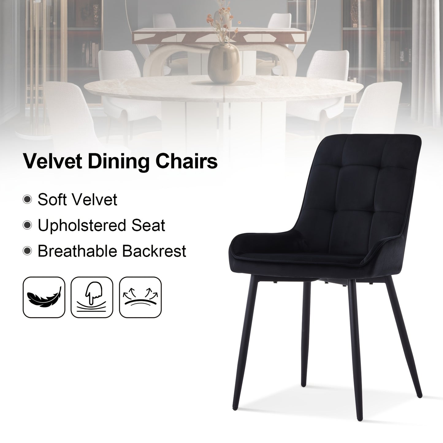 Velvet Eetkamerstoelen – Stoelen Set – Bureaustoelen – Ontvangststoelen – Keukenstoelen – Zwart – Zachte Velvet Bekleding – Stevig Metalen Frame