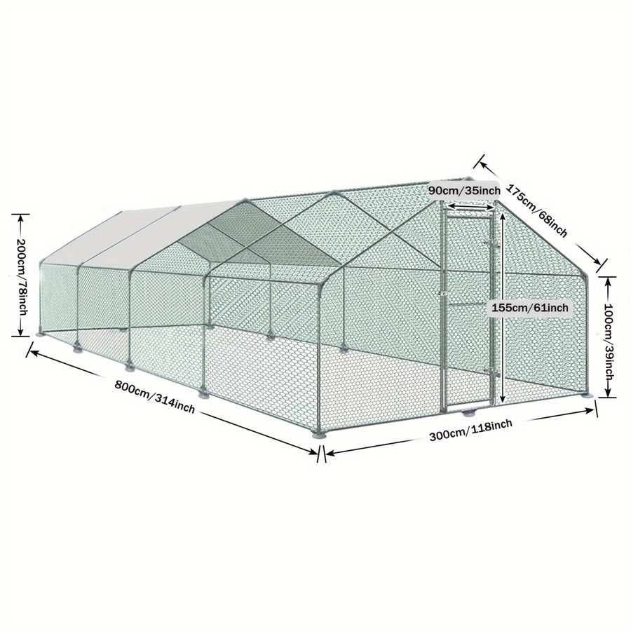 Kippenren – Kippenhok – Pluimveehok – Kippenren Buiten – Dierenren – 3x8x2m – Gegalvaniseerd Stalen Frame – PE Zonnescherm UV-Bestendig