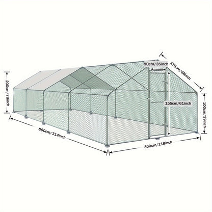 Kippenren – Kippenhok – Pluimveehok – Kippenren Buiten – Dierenren – 3x8x2m – Gegalvaniseerd Stalen Frame – PE Zonnescherm UV-Bestendig