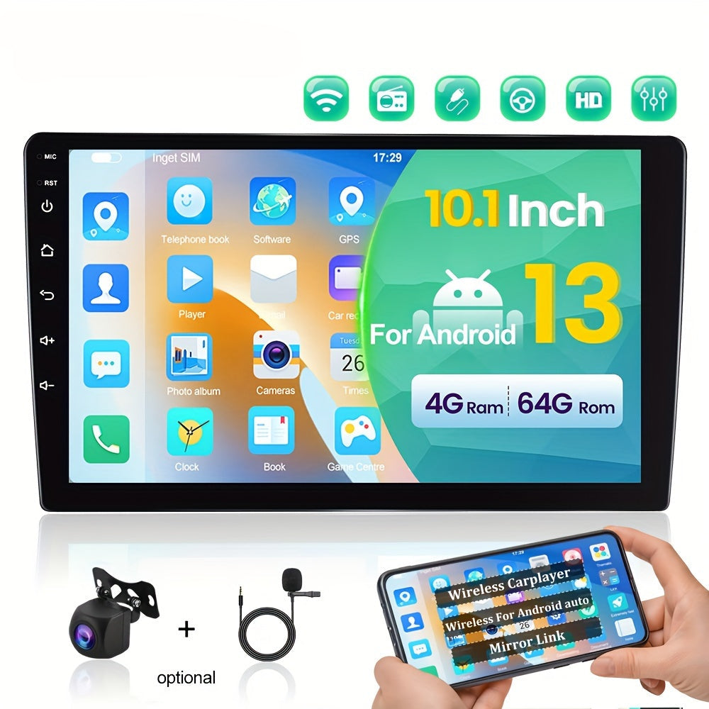 Android 13 Double Din Autoradio – Autoradio Met GPS – Car Stereo – Multimedia Speler – Auto Radio – 10,1" Touchscreen – 4GB+64GB Geheugen – Draadloze Spiegelkoppeling Met Camera & Microfoon
