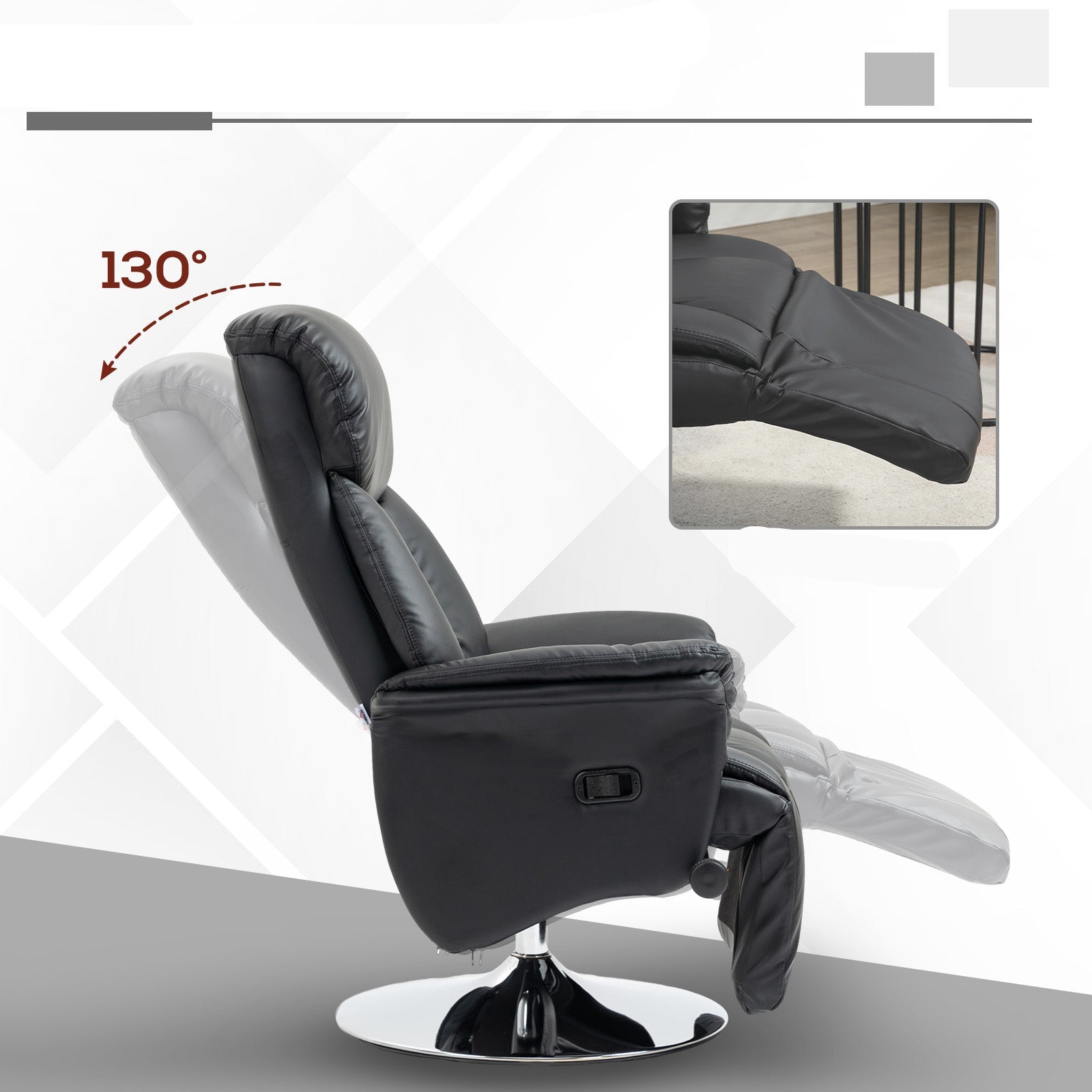 Relaxfauteuil – Relaxstoel – TV Stoel – Draaifauteuil – Zitstoel – Kunstleer – Draaibaar met Verstelbare Rugleuning – Voetensteun – Zwart – Max 150 kg - QUORE
